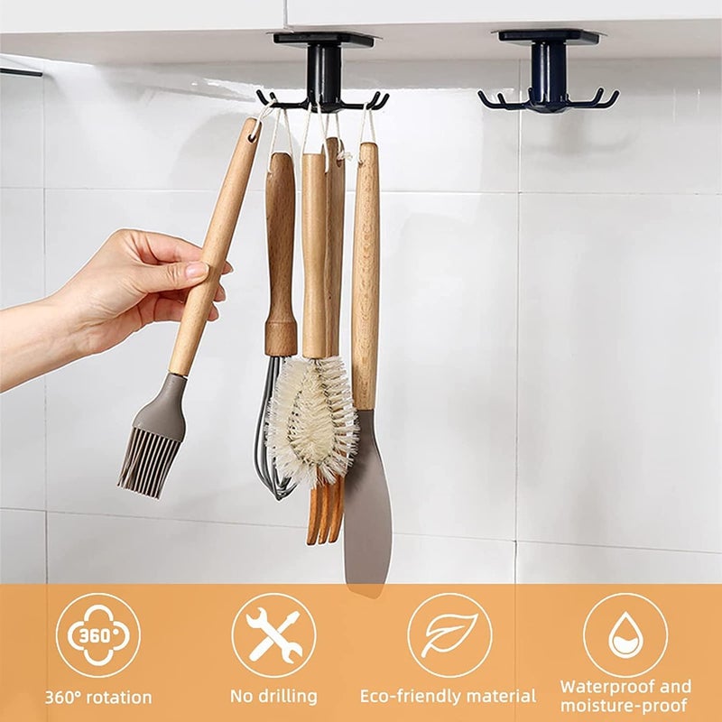 EigPluy 2pcs Under Cabinet Kitchen Utensil Hooks,360° Rotating Drilling Free Adhesive Utensils Hanging Rack for Tools/Towel/Knife (Black) - Image 2